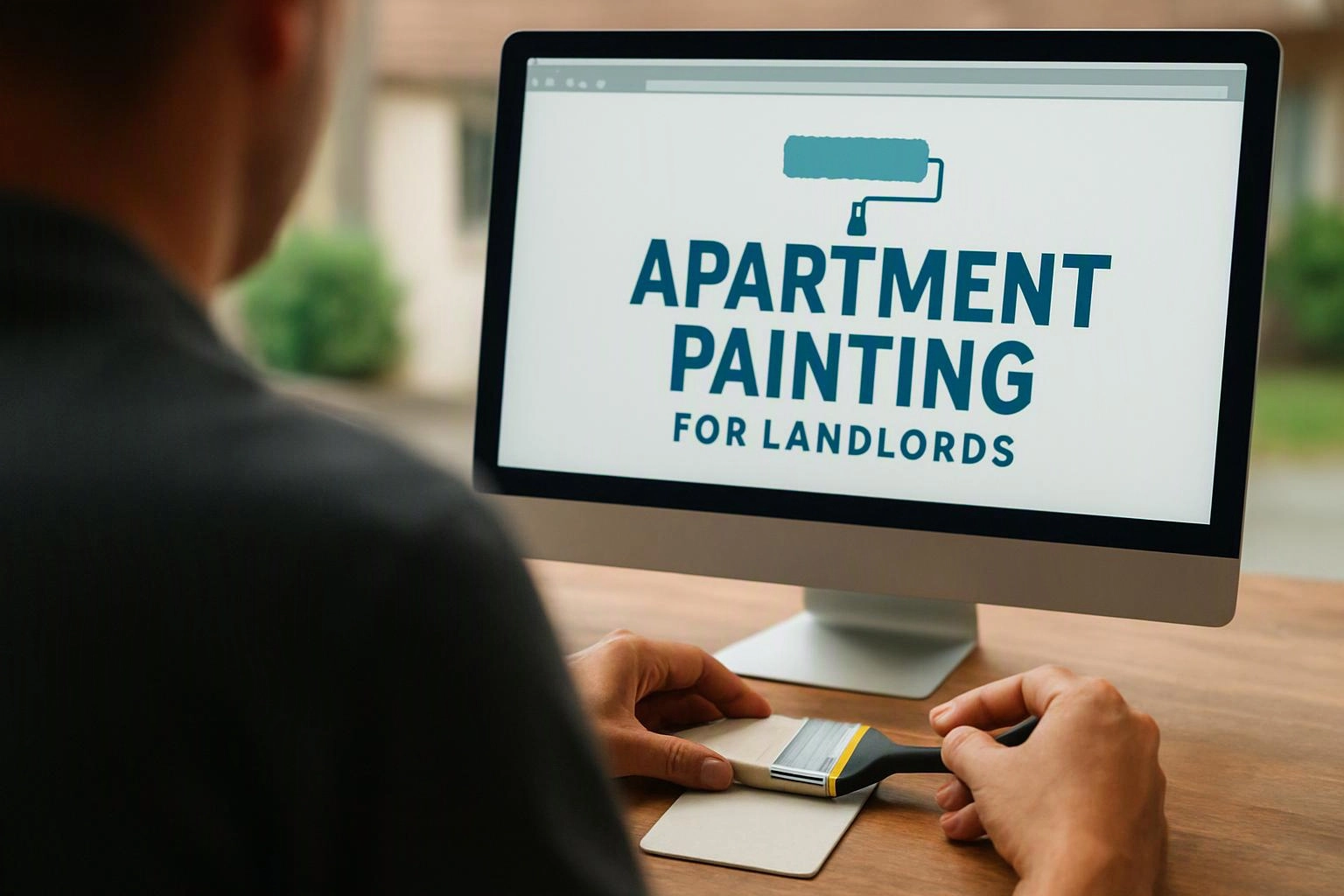 A person sits at a desk holding a paintbrush in front of a computer showing apartment painting text