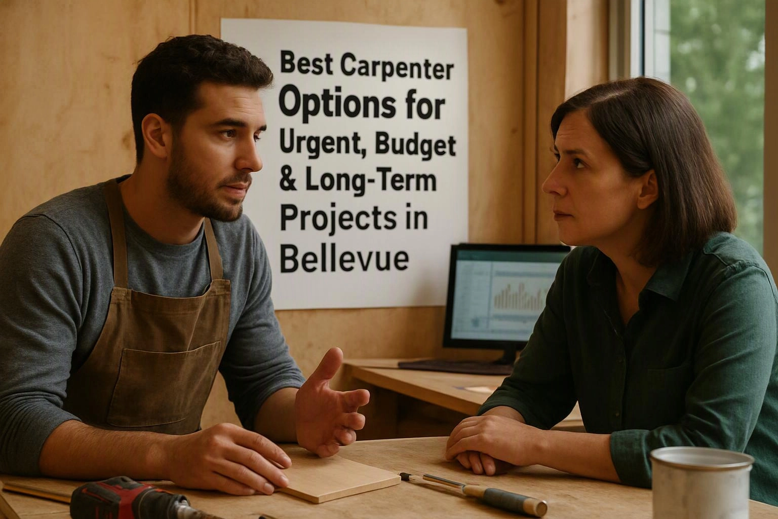 A carpenter talks with a woman at a wooden desk, with a sign and computer monitor behind them