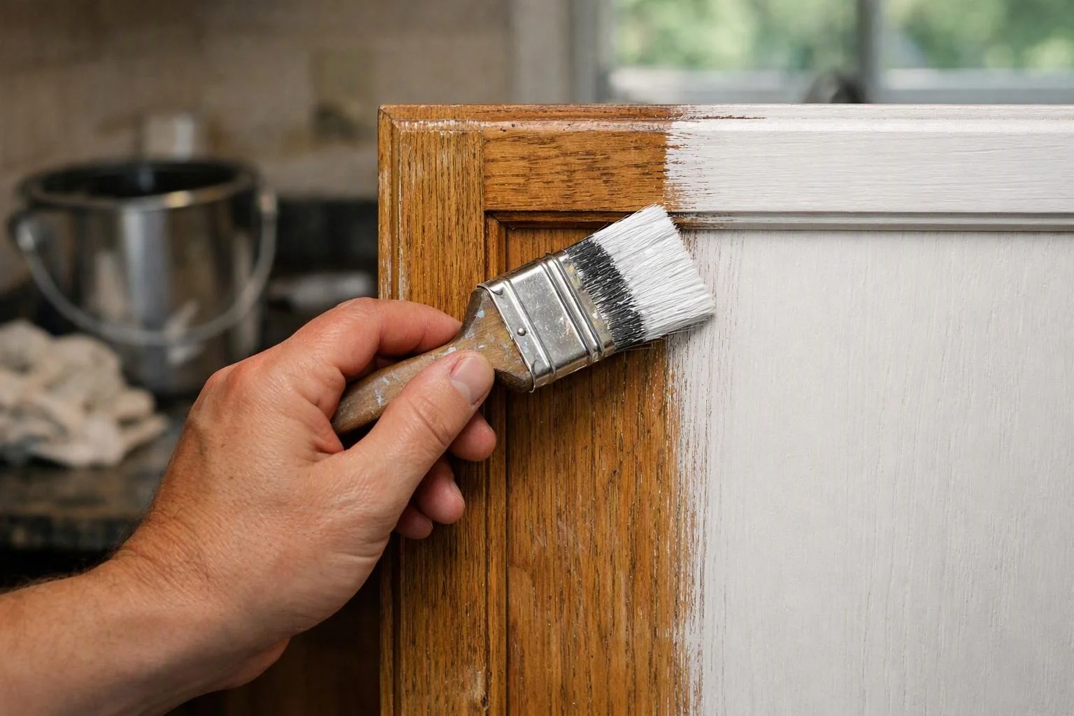 A hand paints a wooden cabinet door white with a brush, leaving the left side stained and the right side coated