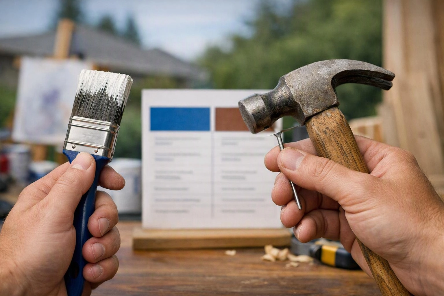 Two hands hold a paintbrush and a claw hammer in front of a blurred paint swatch board outdoors