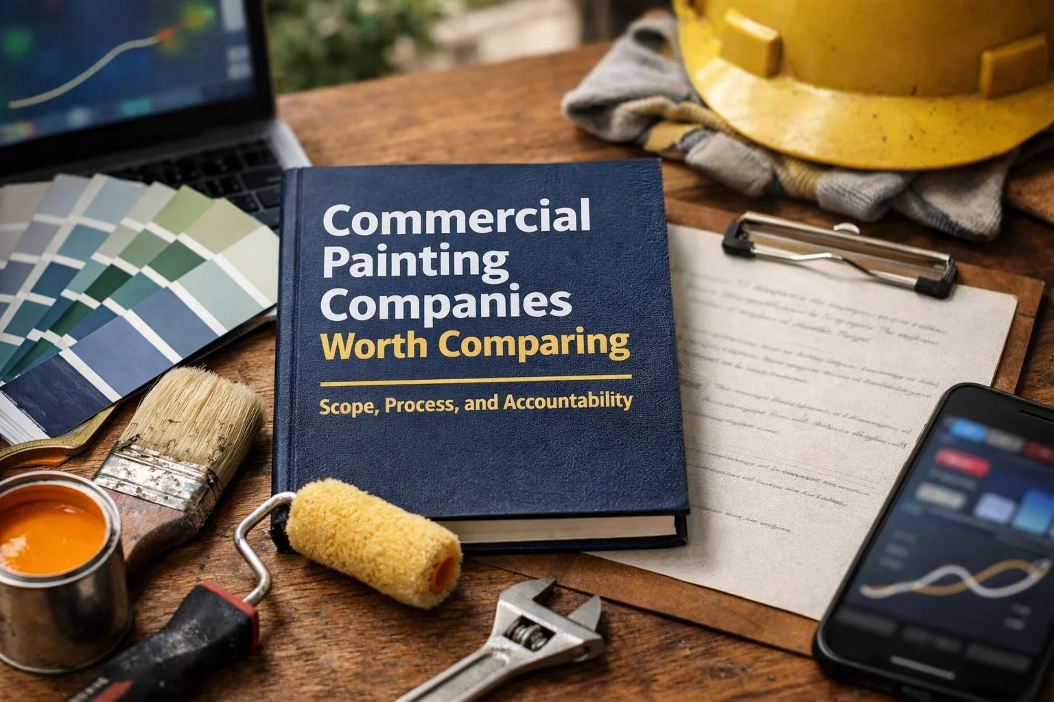 Macro product photograph of overhead flat-lay of items that represent "Commercial Painting Companies Worth Comparing: Scope