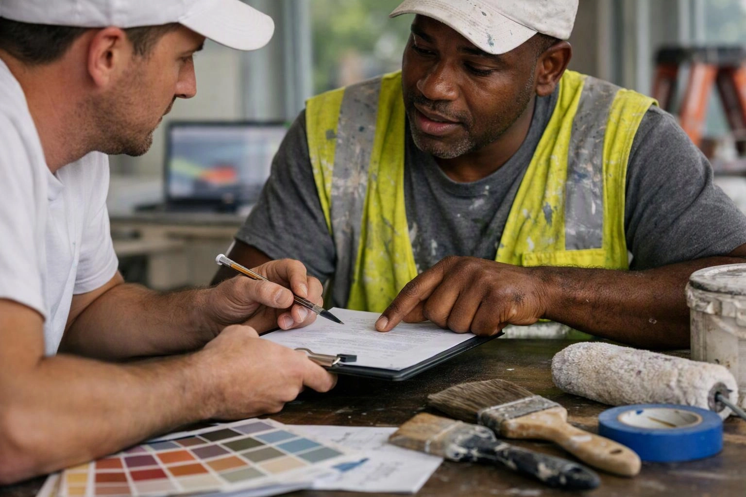 Two workers in caps review a form at a paint-splattered table with brushes, tape, and color swatches