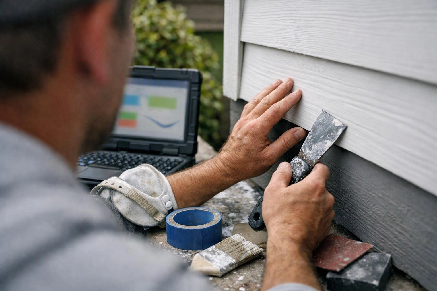 A worker applies putty to house siding beside a laptop, tape, and paintbrush on a cluttered ledge