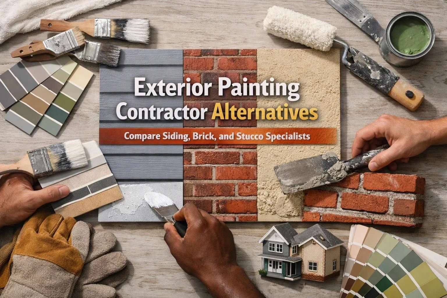 Hands use paint brushes and a putty knife around exterior siding, brick, stucco samples and color swatches on a table