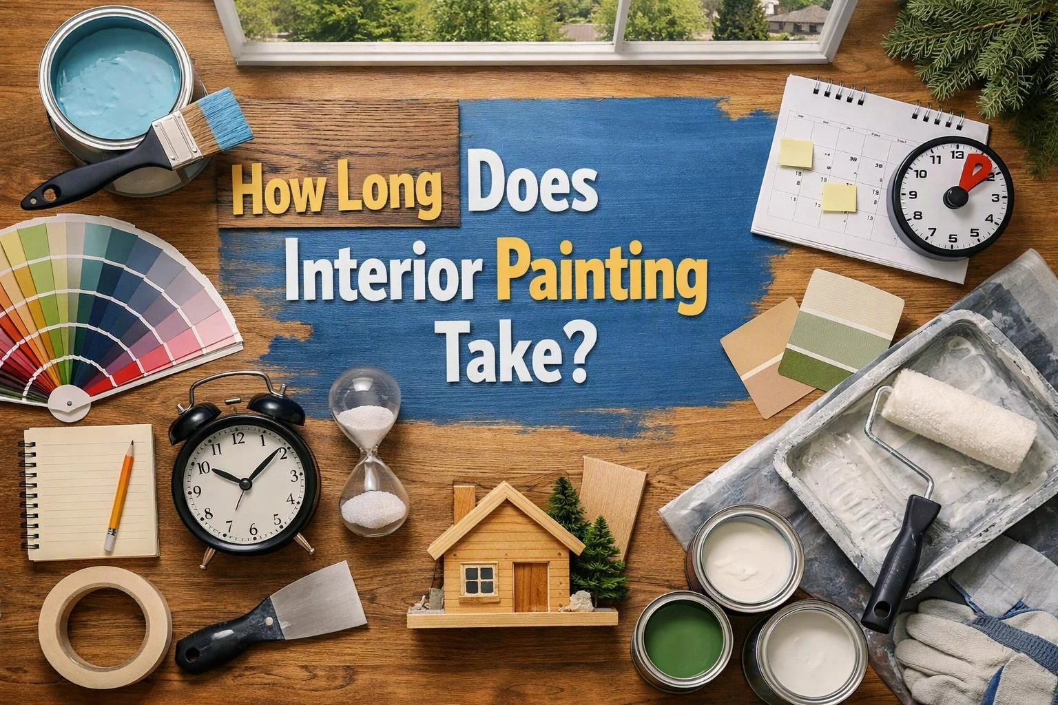 Aerial top-down flat-lay photograph of overhead flat-lay of items that represent "How Long Does Interior Painting Take?" in a Painting Contractor context