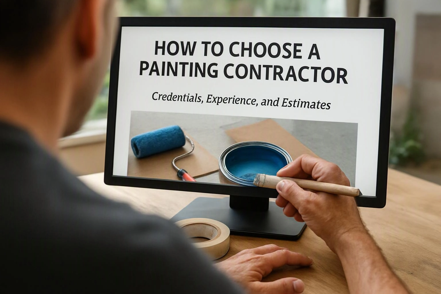 A person paints a blue sample on a computer screen showing painting contractor advice