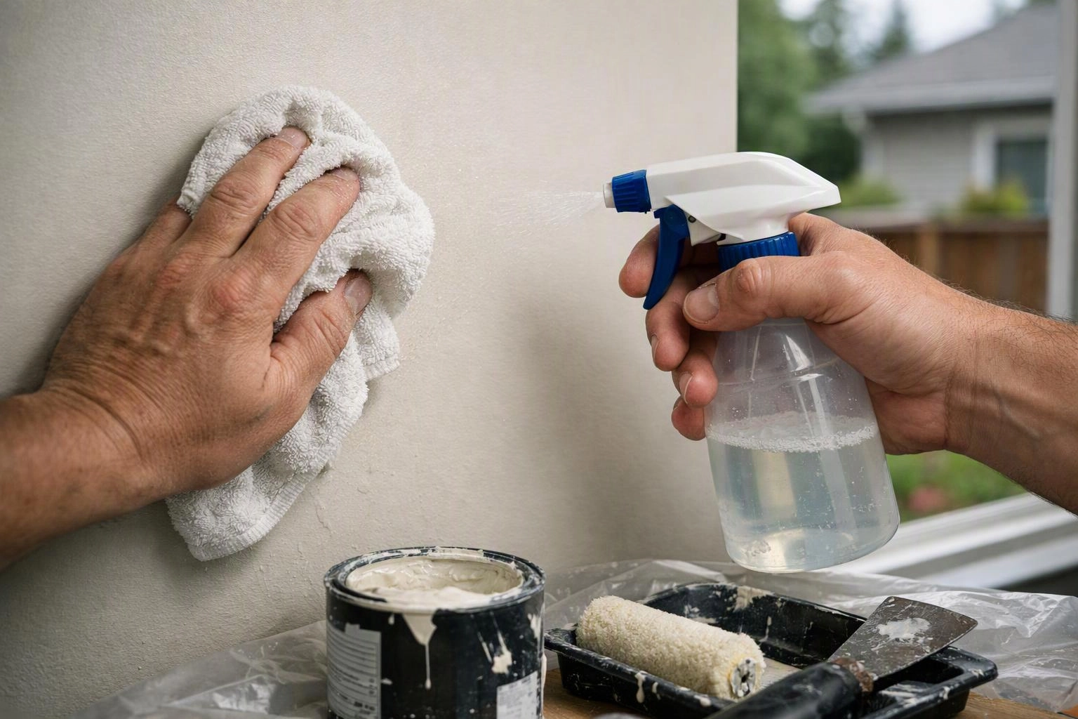 A person wipes a wall while spraying cleaner, with paint supplies and a roller tray below