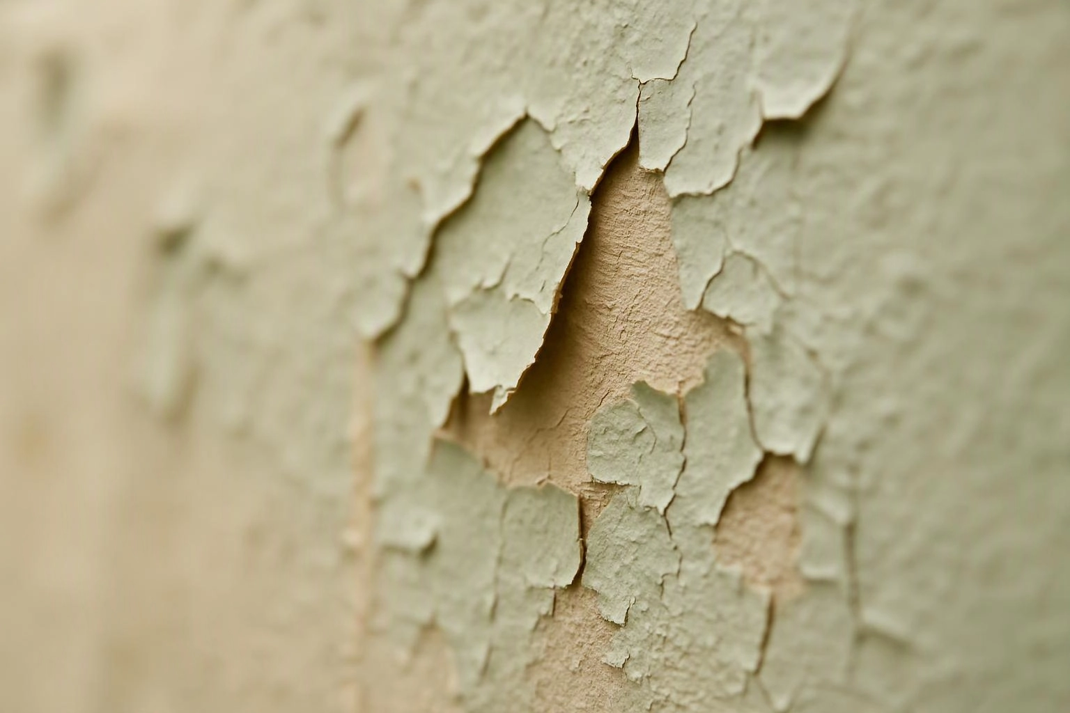 Close-up of peeling beige paint on a rough wall surface