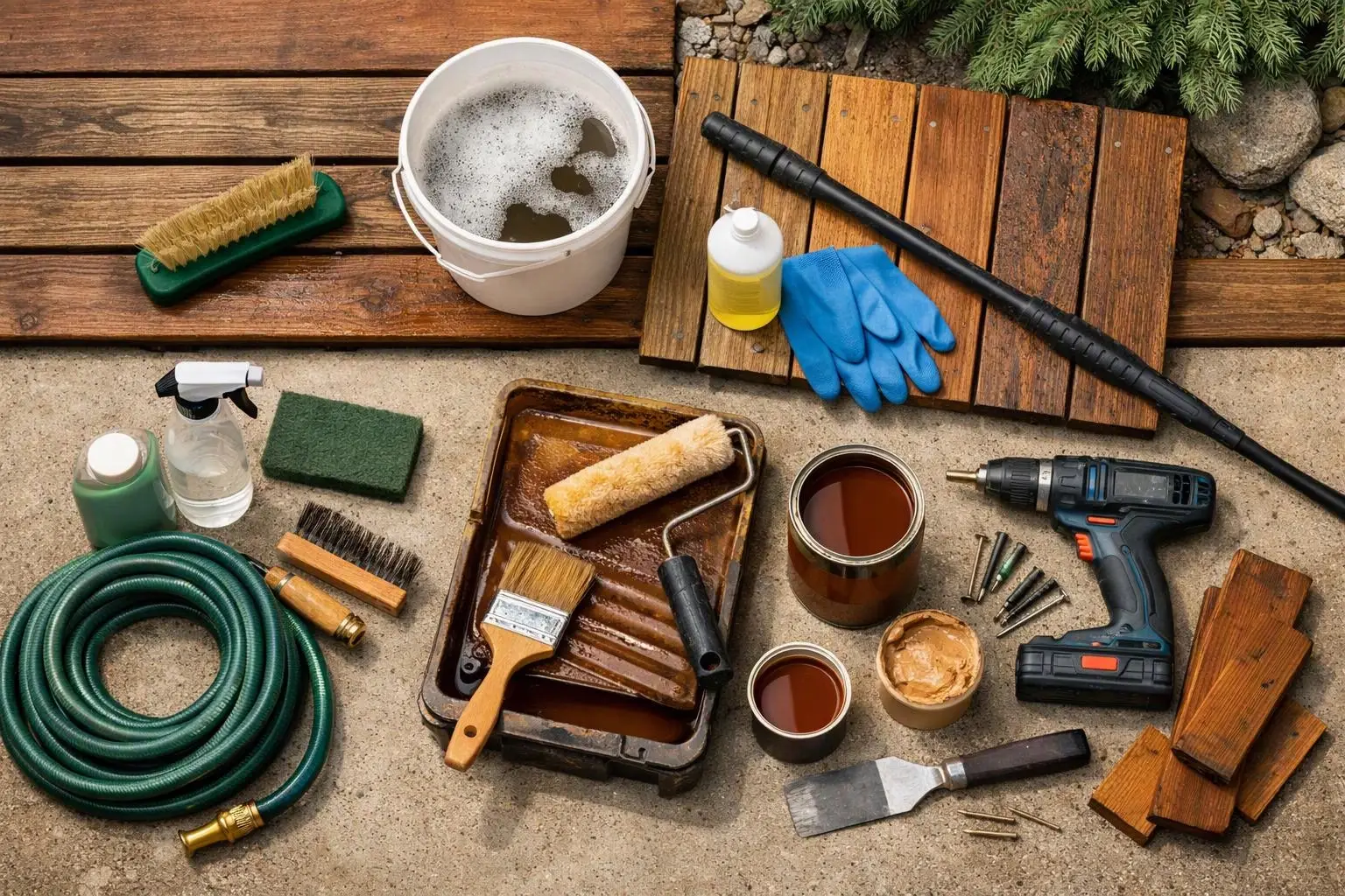 Aerial top-down flat-lay photograph of a clear visual metaphor illustrating what "Deck and Fence Stain Maintenance: Cleaning