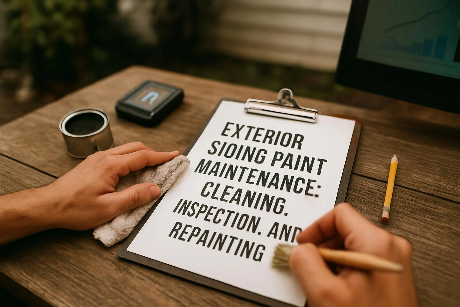 Hands wipe a clipboard beside paint tools, with a checklist reading exterior siding paint maintenance, cleaning, inspection