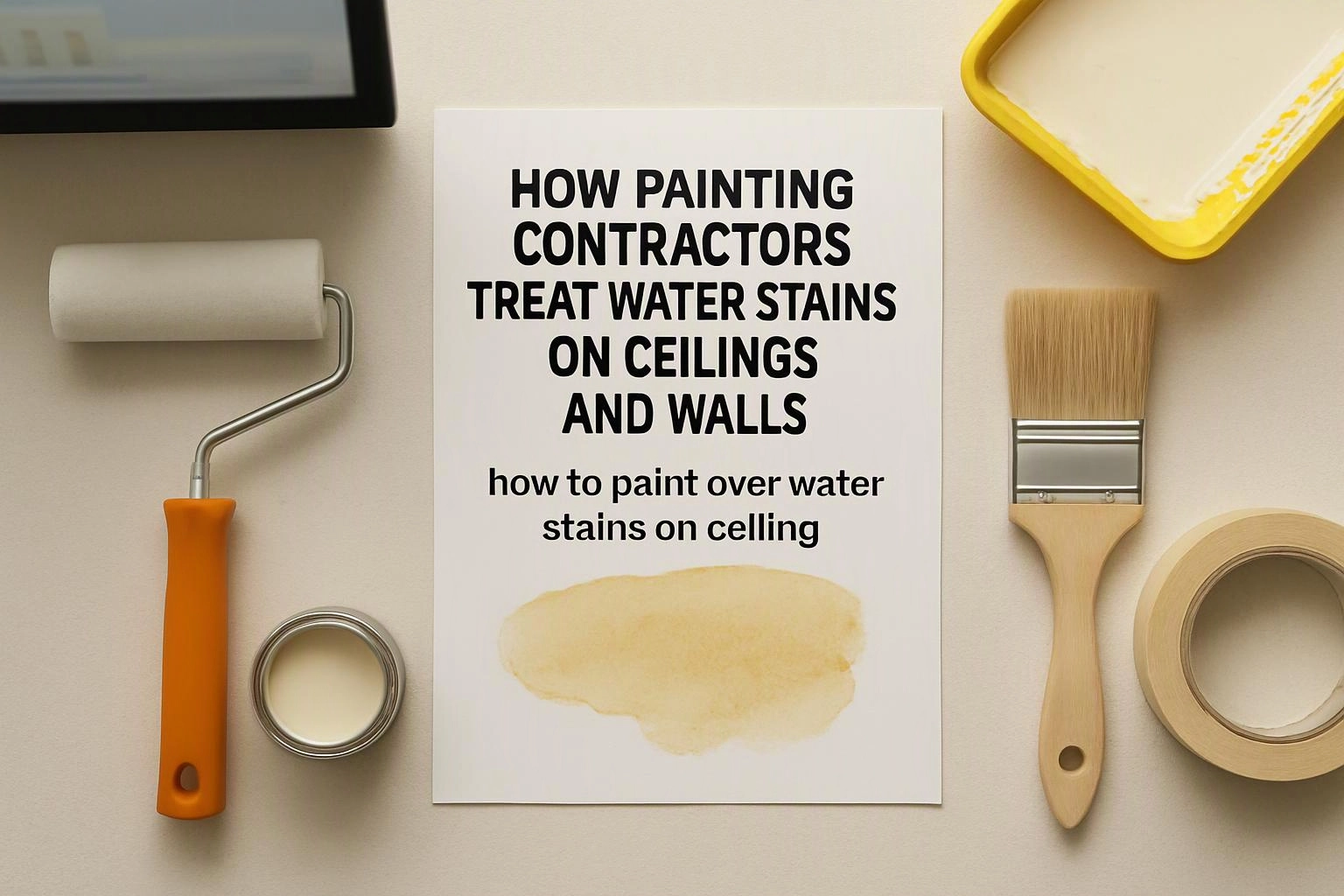 Painting tools surround a sheet with bold text about treating water stains on ceilings and walls