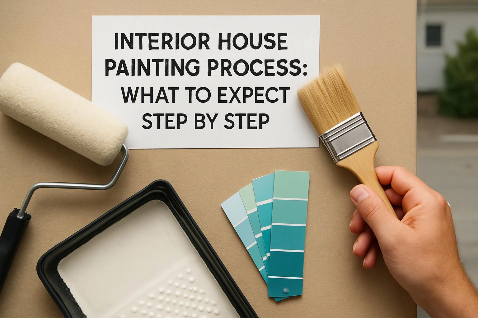 A hand holds a paintbrush beside a roller, paint tray, color swatches, and a sign about interior house painting steps