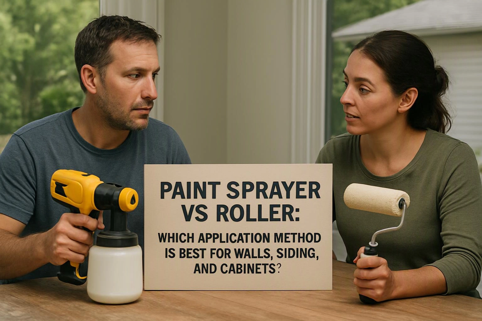 A man and woman sit at a table holding a paint sprayer and roller beside a sign about painting methods
