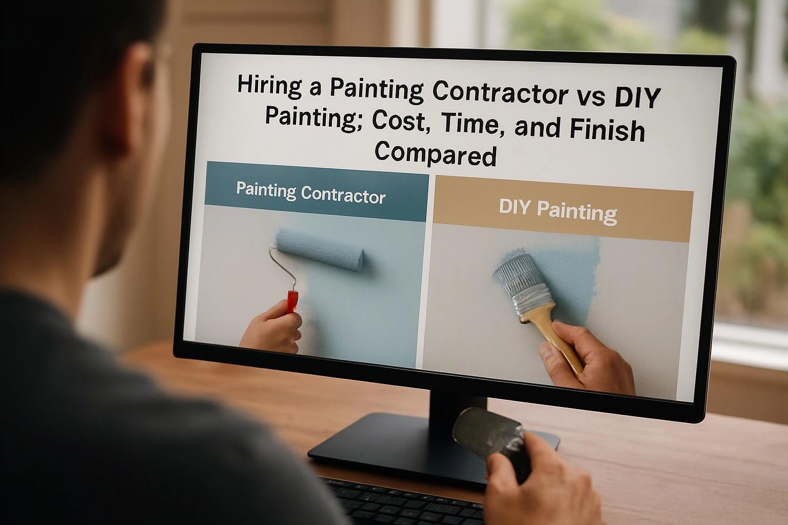 A person views a monitor showing a painting cost comparison with roller and brush images