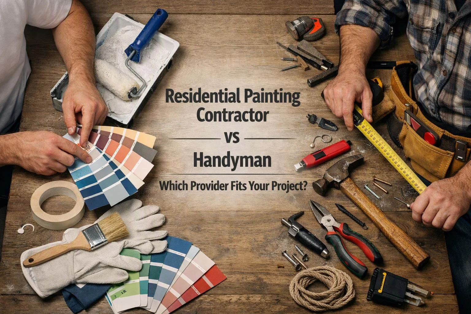 editorial documentary photograph of overhead flat-lay of items that represent "Residential Painting Contractor vs Handyman