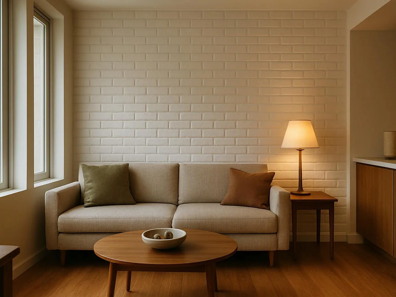 A beige sofa sits against a white brick wall, with a lit lamp and wooden coffee table in a cozy living room