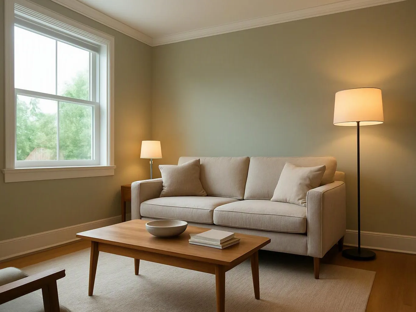 A beige sofa sits in a calm living room with a wood table, lamps, and a window