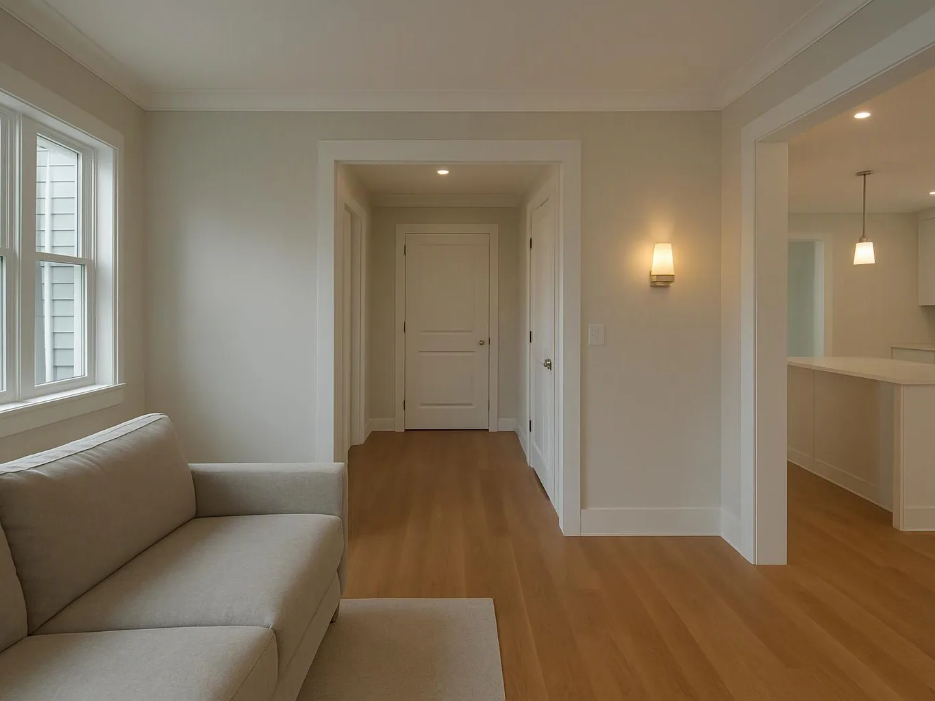 A beige sofa sits by windows in a bright room, with a hallway, white doors, and a kitchen opening beside it