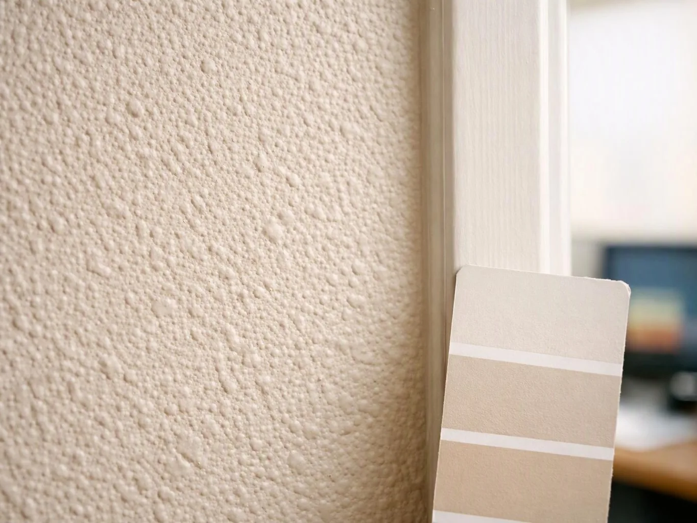 A beige wall beside a white doorframe shows a paint color sample card leaning in front of a blurred room