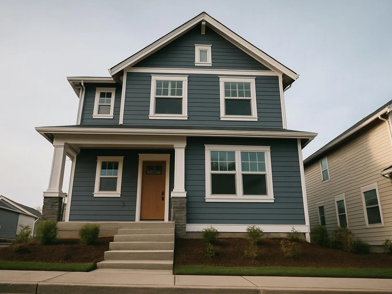 A blue two-story house with white trim, a front porch, and steps sits beside neighboring homes under a pale sky