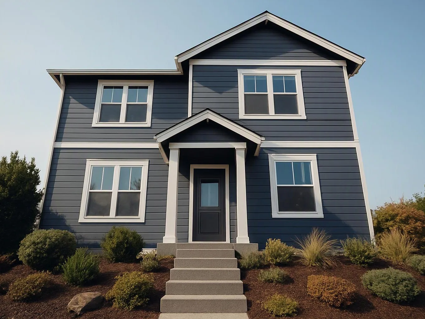 A blue two-story house with white trim stands behind a short front path and shrubs under a clear sky