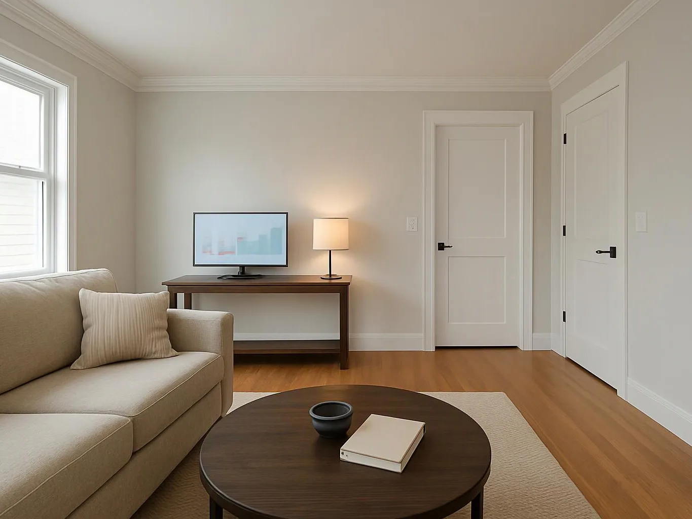 A bright beige living room shows a sofa, round coffee table, TV console, lamp, and two white doors