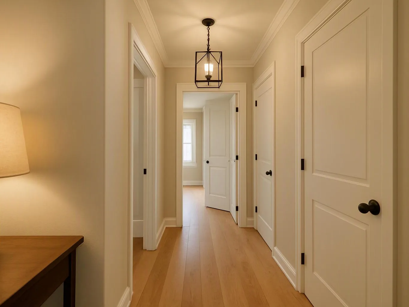 A bright hallway with white doors, wood floors, and a hanging ceiling light opens to a sunlit room