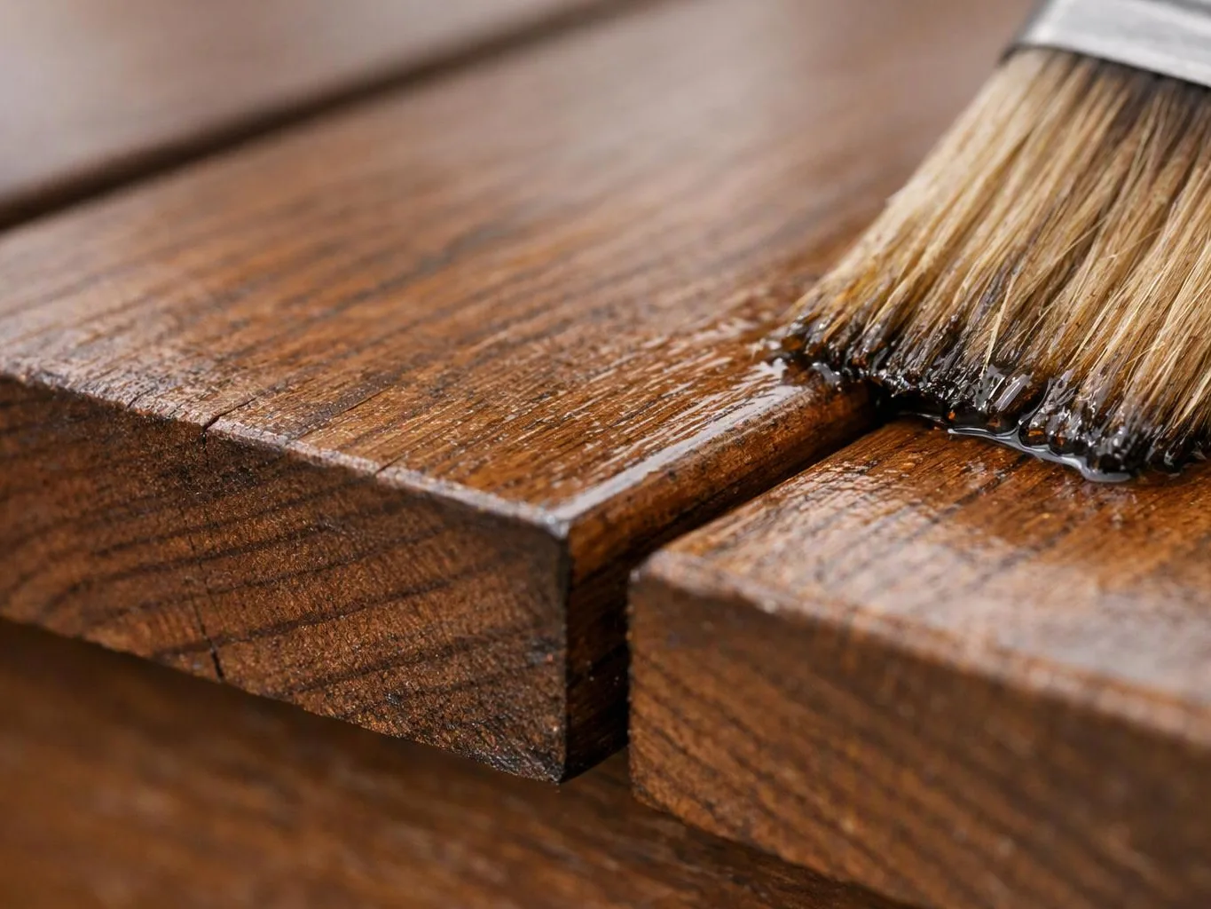 A brush spreads glossy varnish across a wooden surface with a close-up of the grain and joint