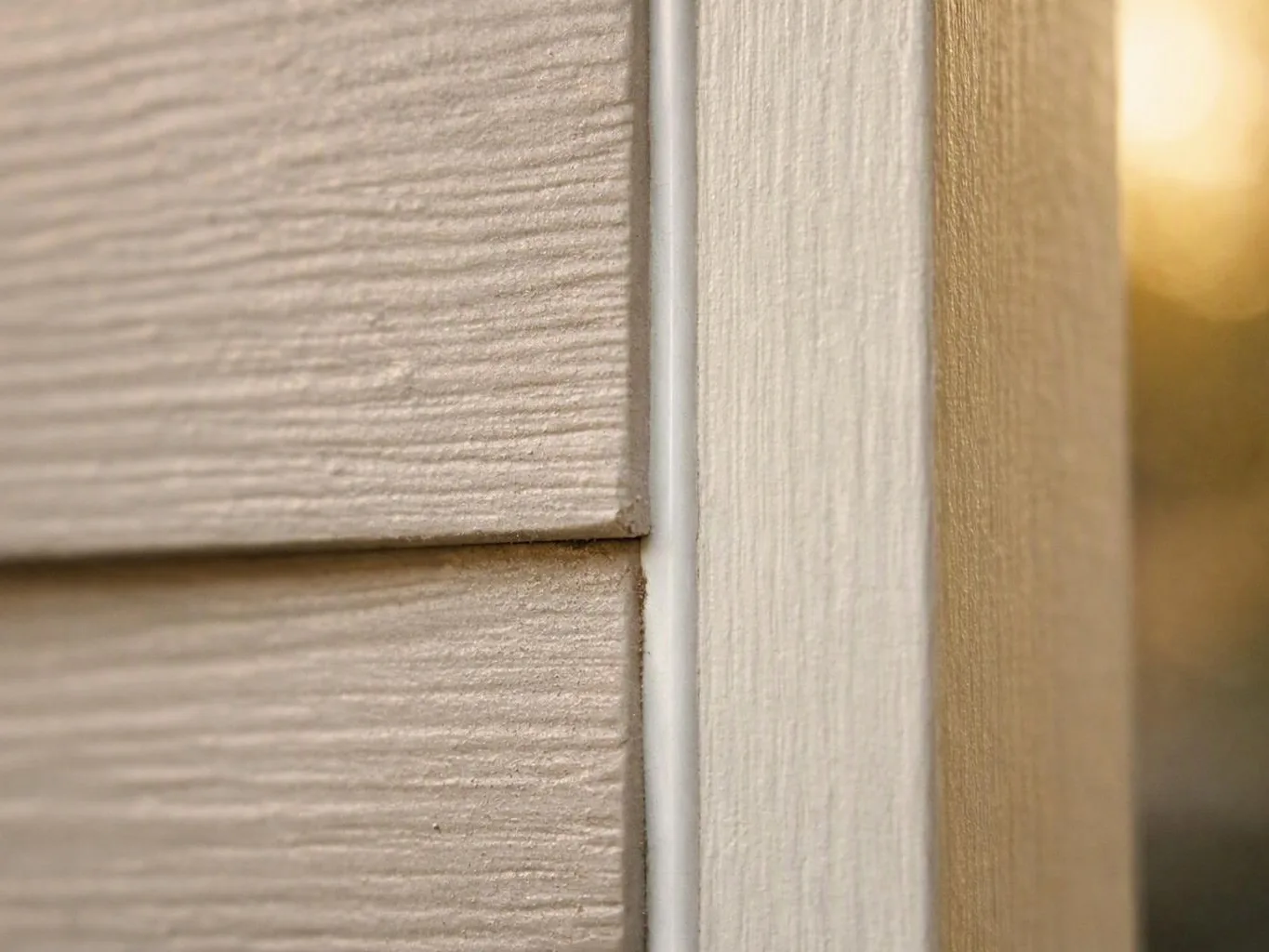 Close-up of beige textured siding and white trim beside a softly lit wall edge