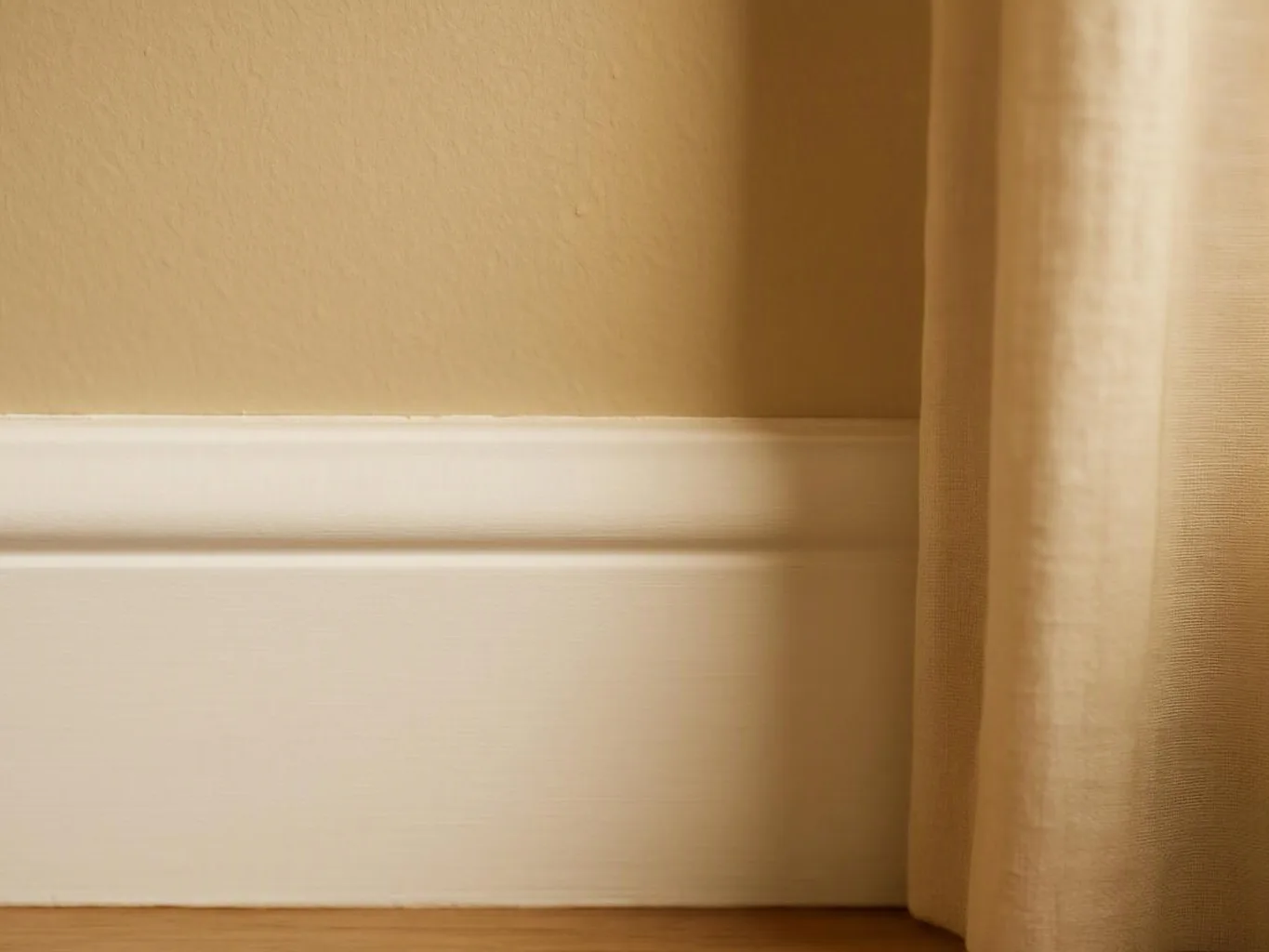 Close-up of a beige wall, white baseboard, and sheer curtain beside a wooden floor