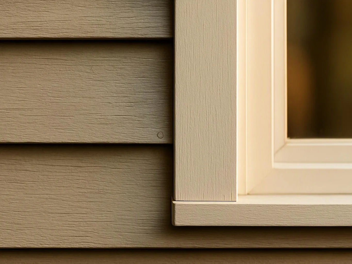 Close-up of beige wood siding beside a white window frame with warm light inside