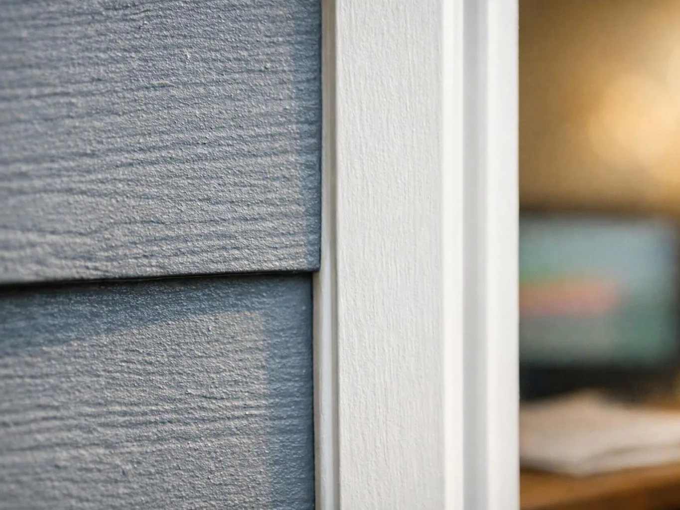 Close-up of blue siding beside a white window frame, with a blurred interior glowing in the background