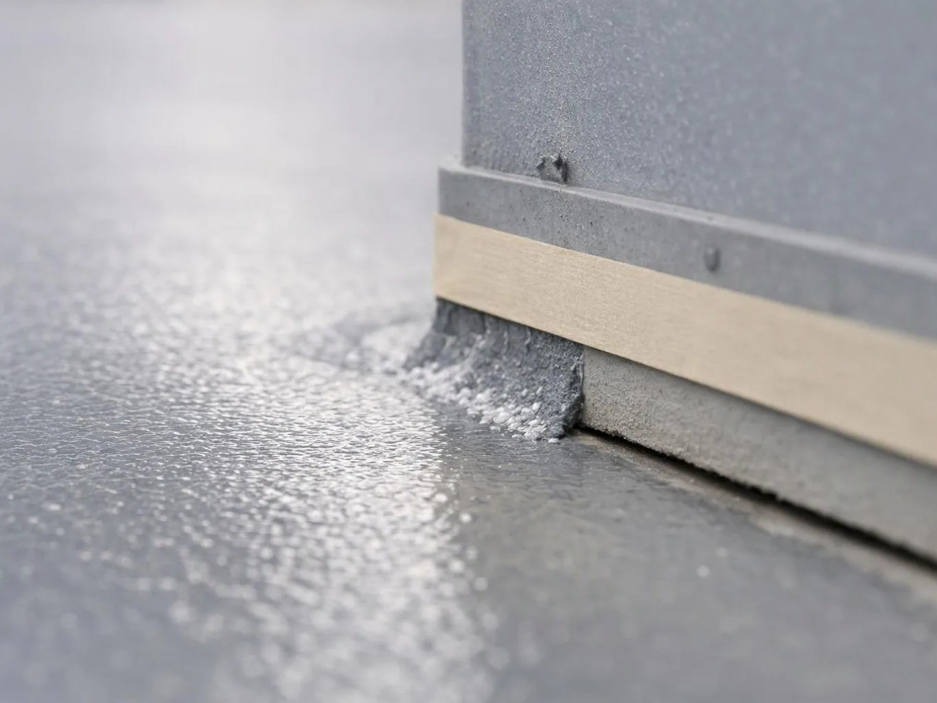 Close-up of a gray metal base with a beige strip, meeting a wet textured floor