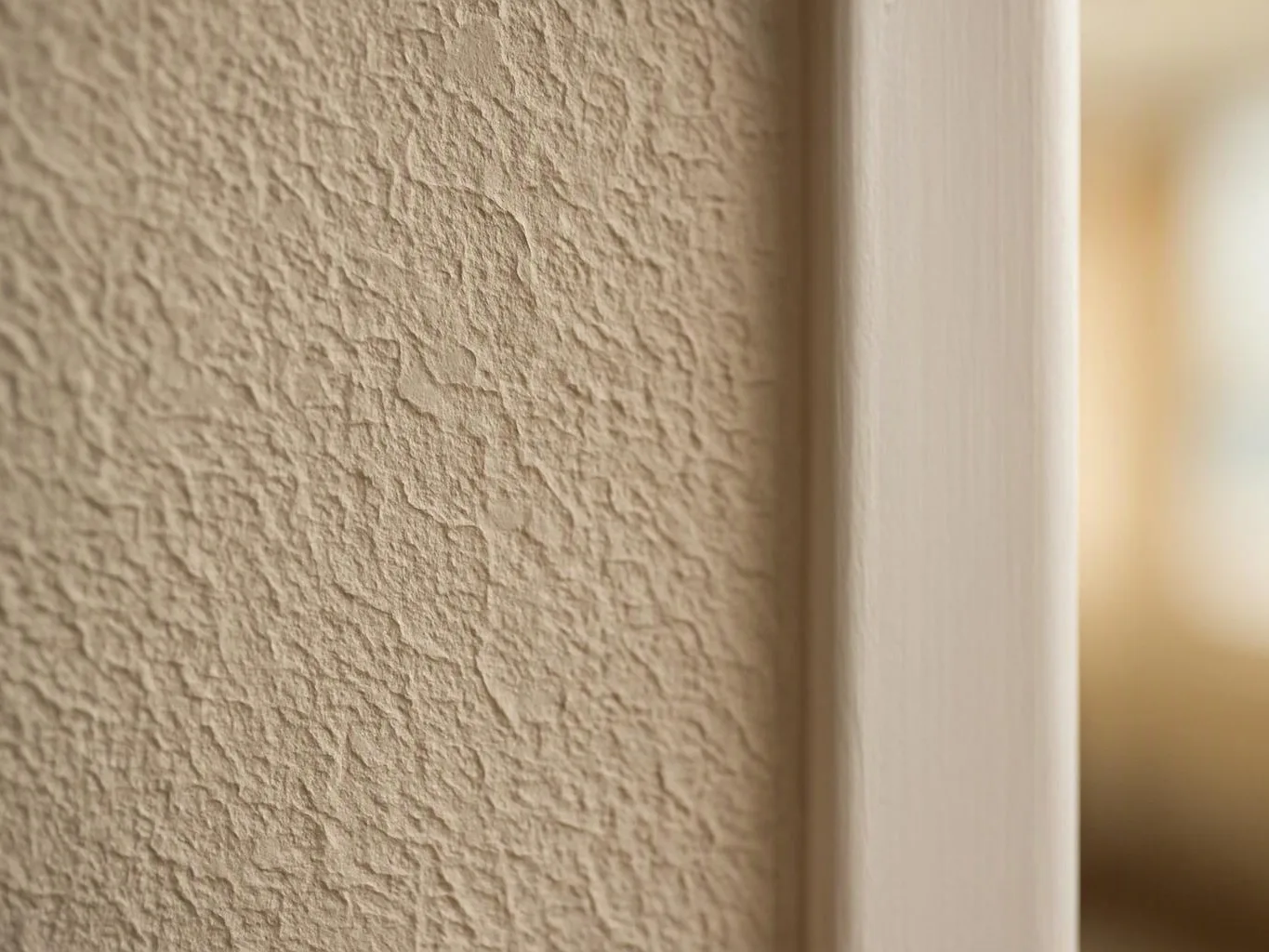 Close-up of a textured beige wall beside a white doorframe with warm blurred light in the background