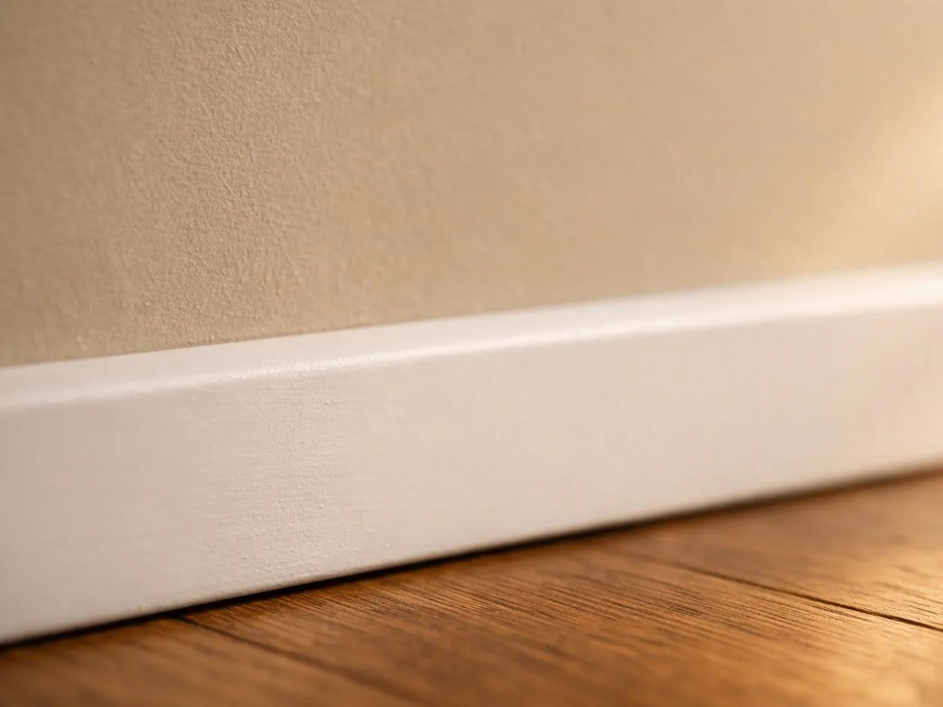 Close-up of a white baseboard along a beige wall above a wooden floorboard