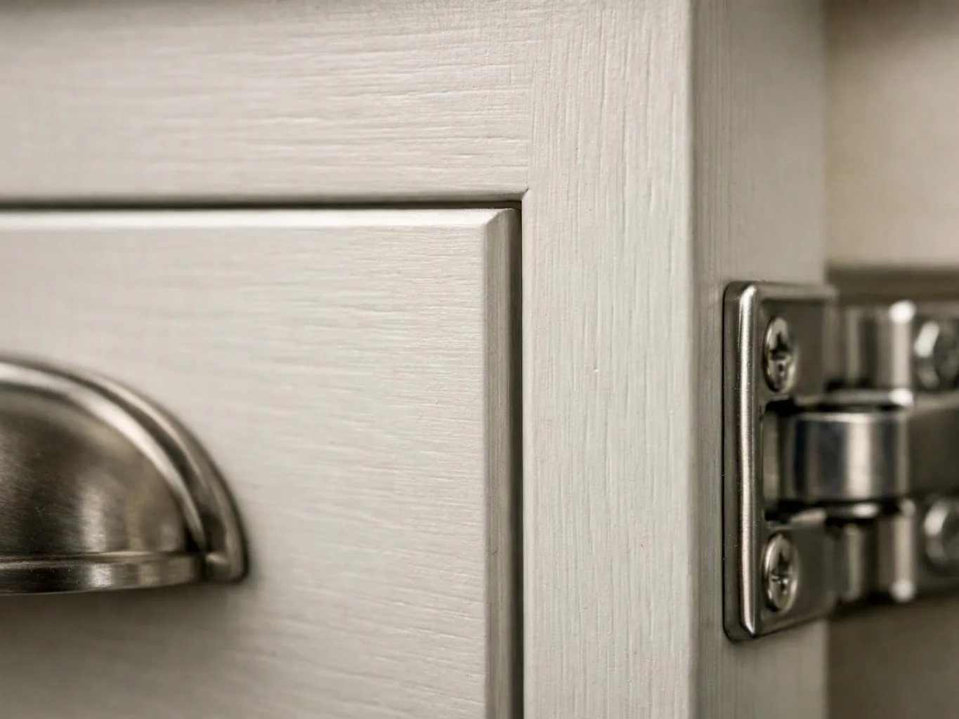 Close-up of a white cabinet door with a metal handle and hinge mounted on the side