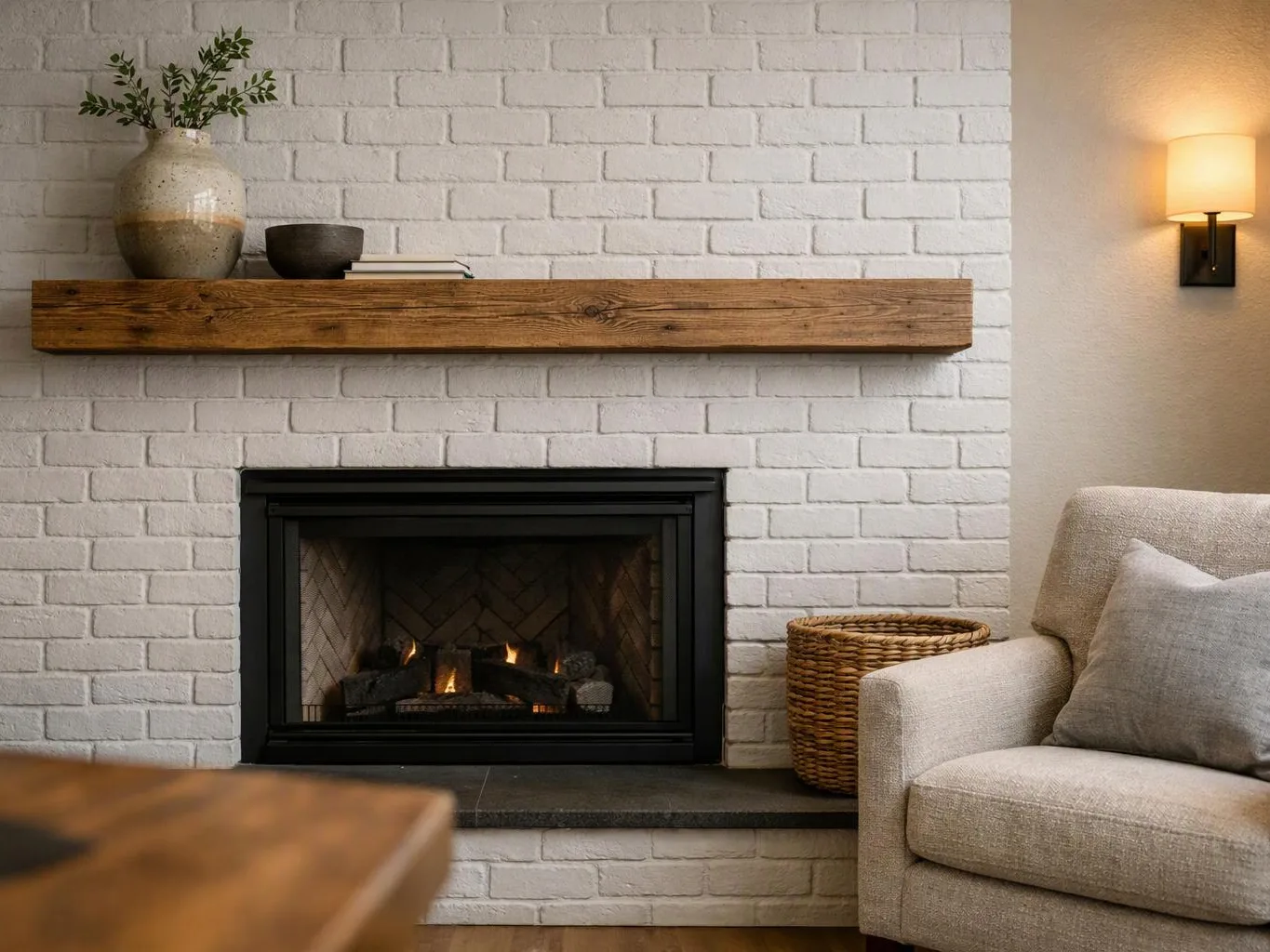 A cozy living room shows a white brick fireplace with a wooden mantel, lit lamp, and beige armchair