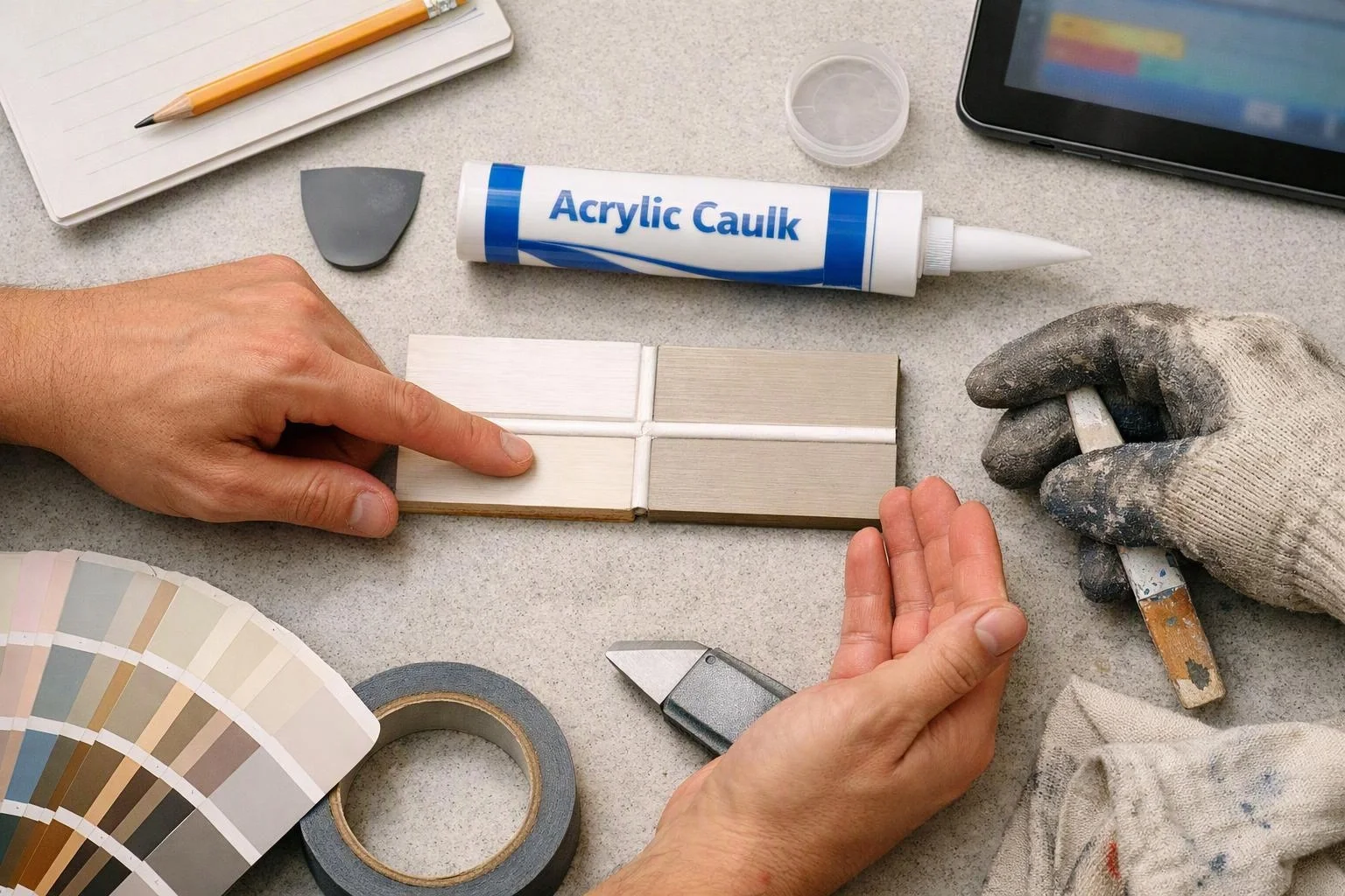 Hands compare paint samples on a worktable with acrylic caulk, tools, a glove, and a color swatch fan
