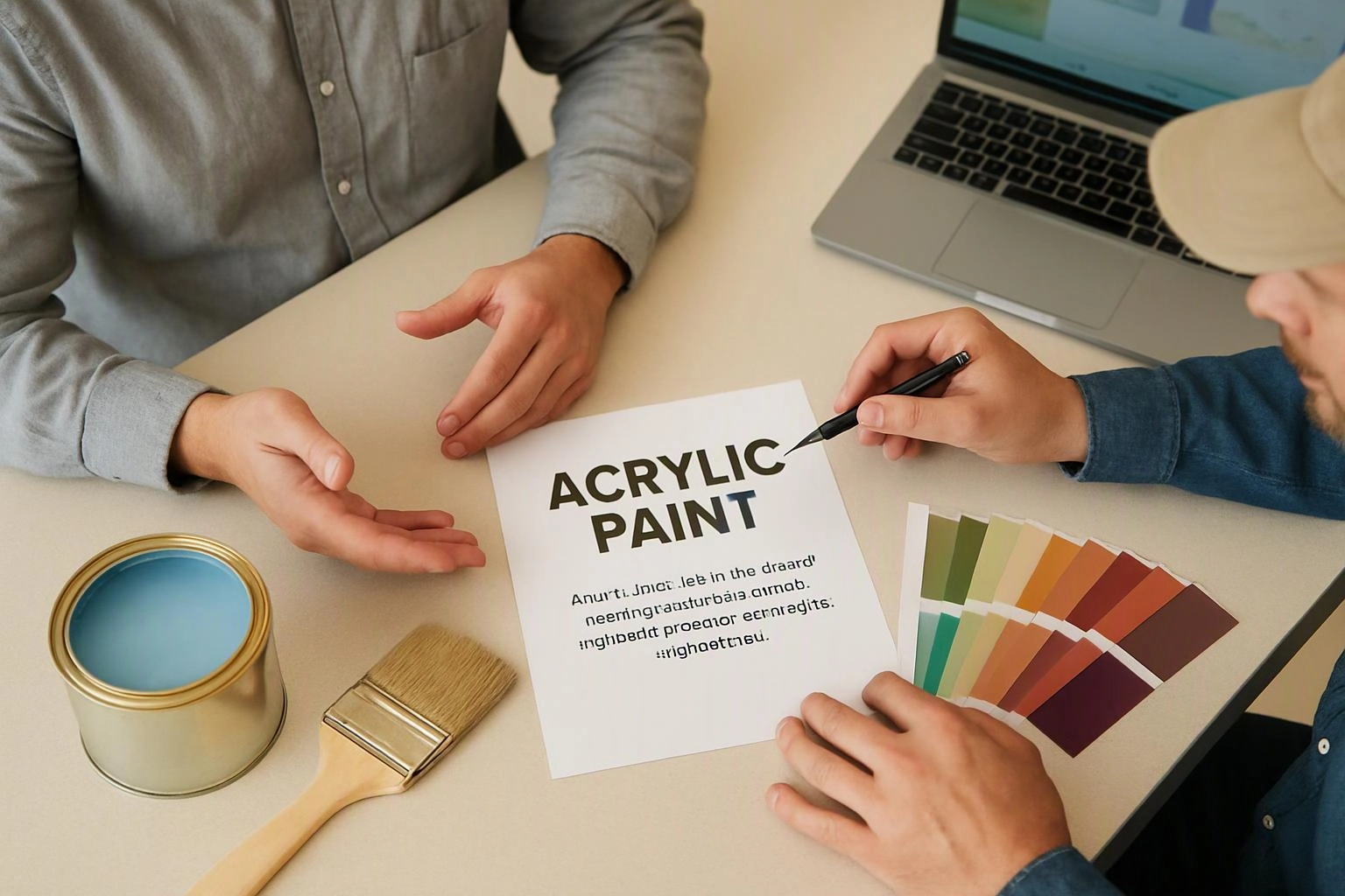 Two people review an acrylic paint flyer with color swatches, a paint can, and a brush on a desk