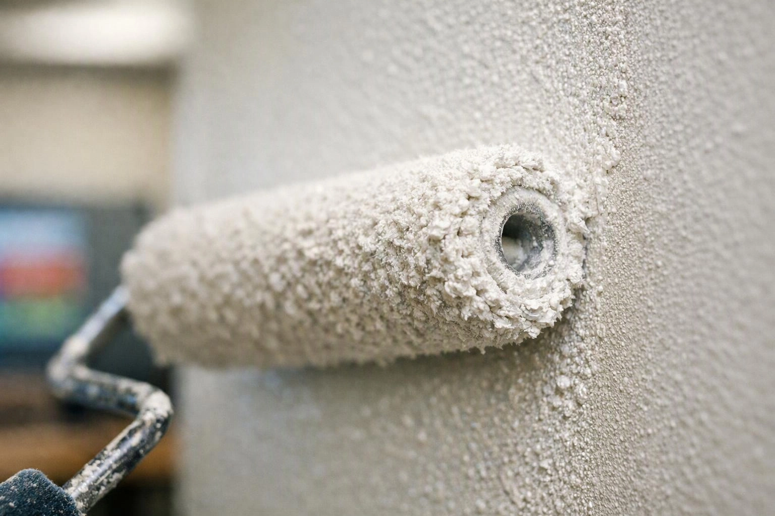 A paint roller coated in thick white texture touches a stippled wall close up