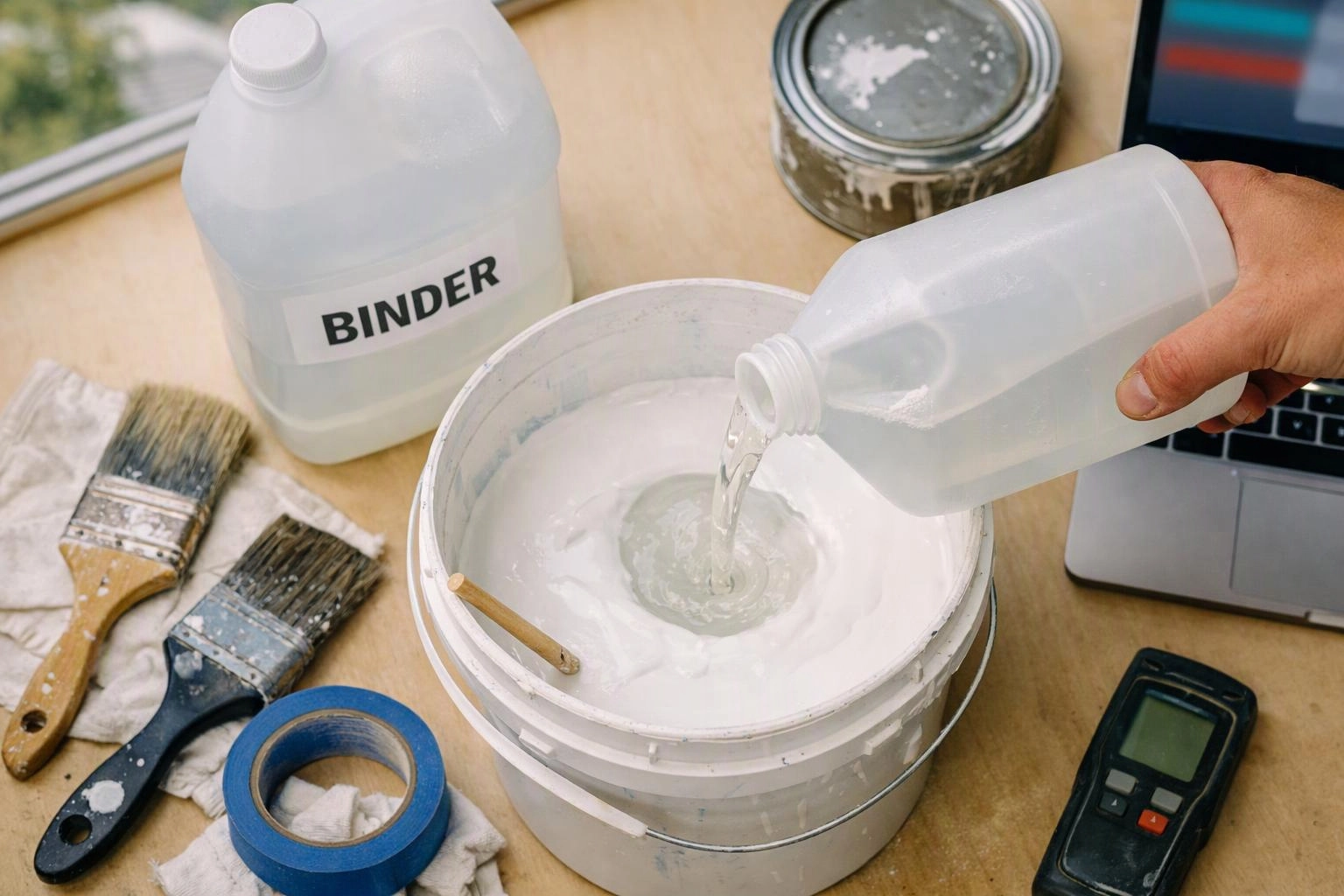 A hand pours clear liquid into a white paint bucket beside brushes, tape, and a laptop on a workbench