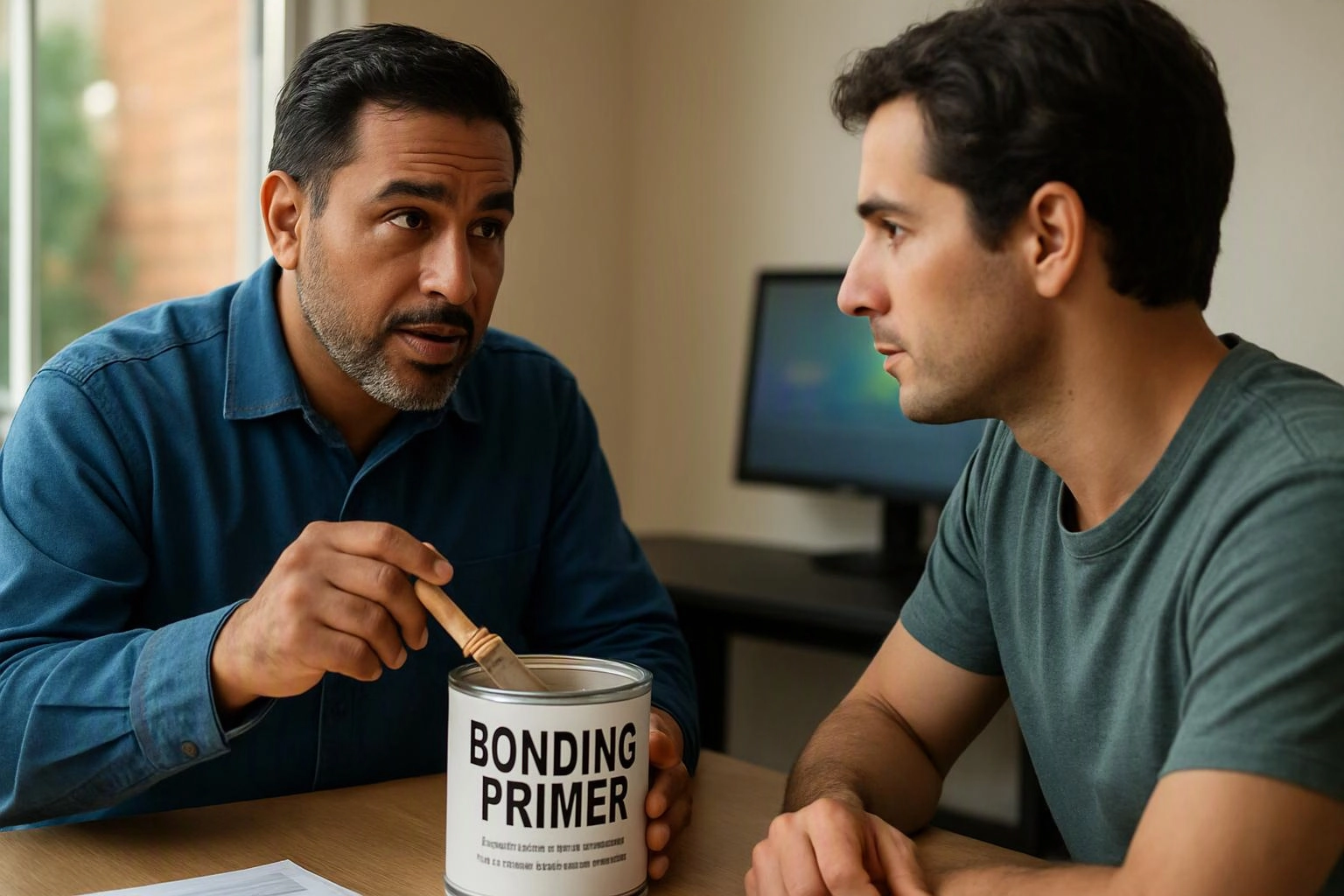 Two men talk at a table while one stirs a can labeled “BONDING PRIMER” in a bright room