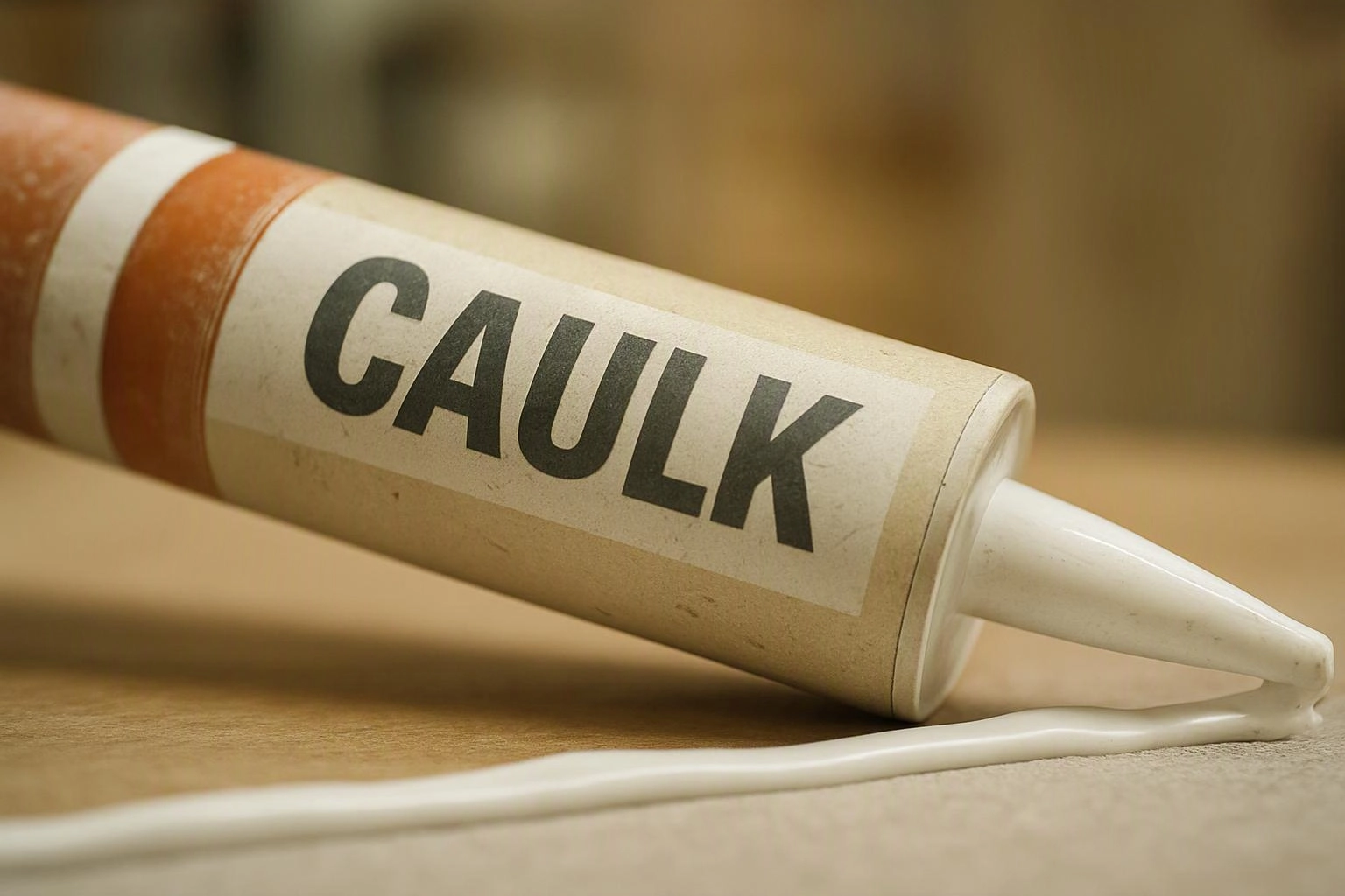 A caulk tube lies on a surface, with white sealant squeezed from the nozzle