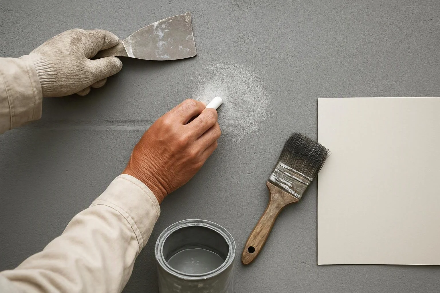 Hands spread gray wall paint with a putty knife and chalk, beside a brush, paint can, and sample board