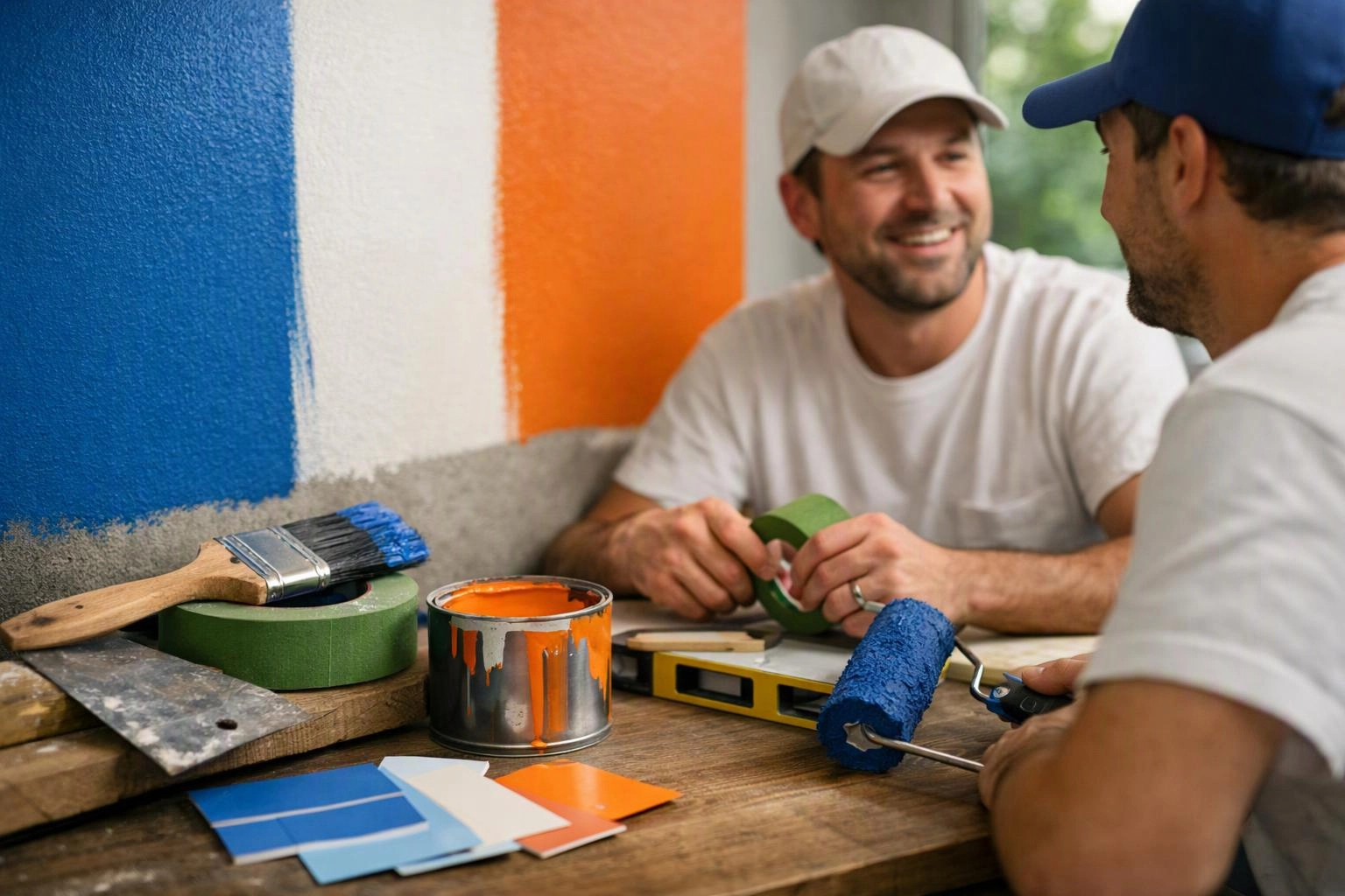 Two men sit at a table with paint supplies, smiling beside a wall painted blue, white, and orange