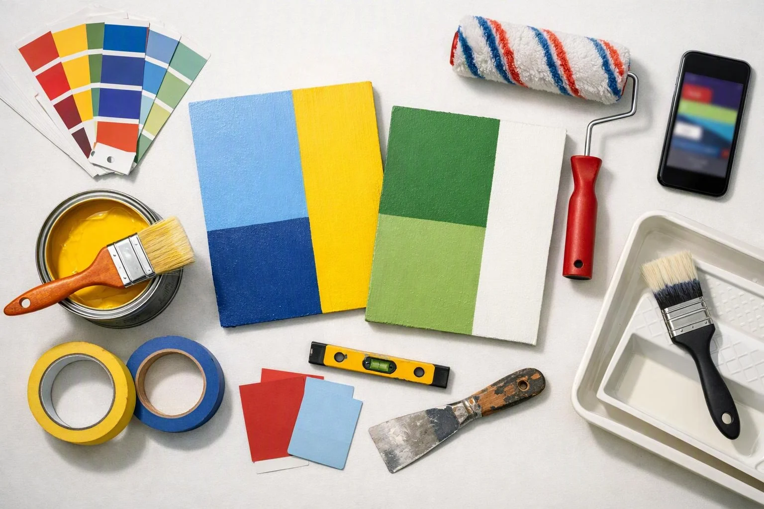 Paint samples, brushes, rollers, tape, and tools are arranged on a white surface around two color swatches