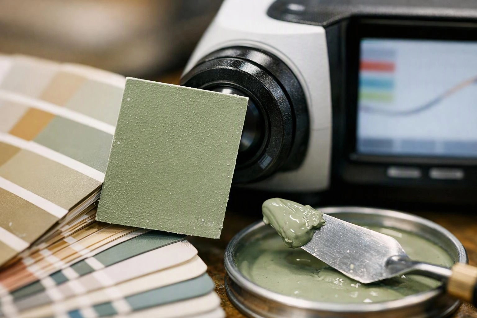 A paint sample fan, color swatch, and spatula with green paint sit beside a camera on a table