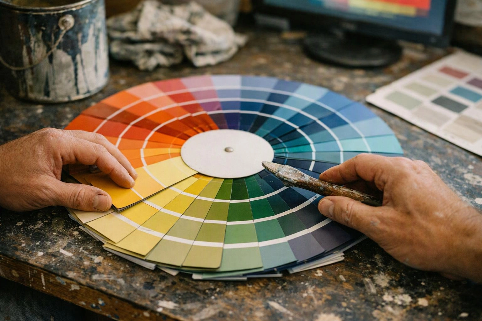 Hands hold a circular paint swatch fan and a brush over a worn worktable