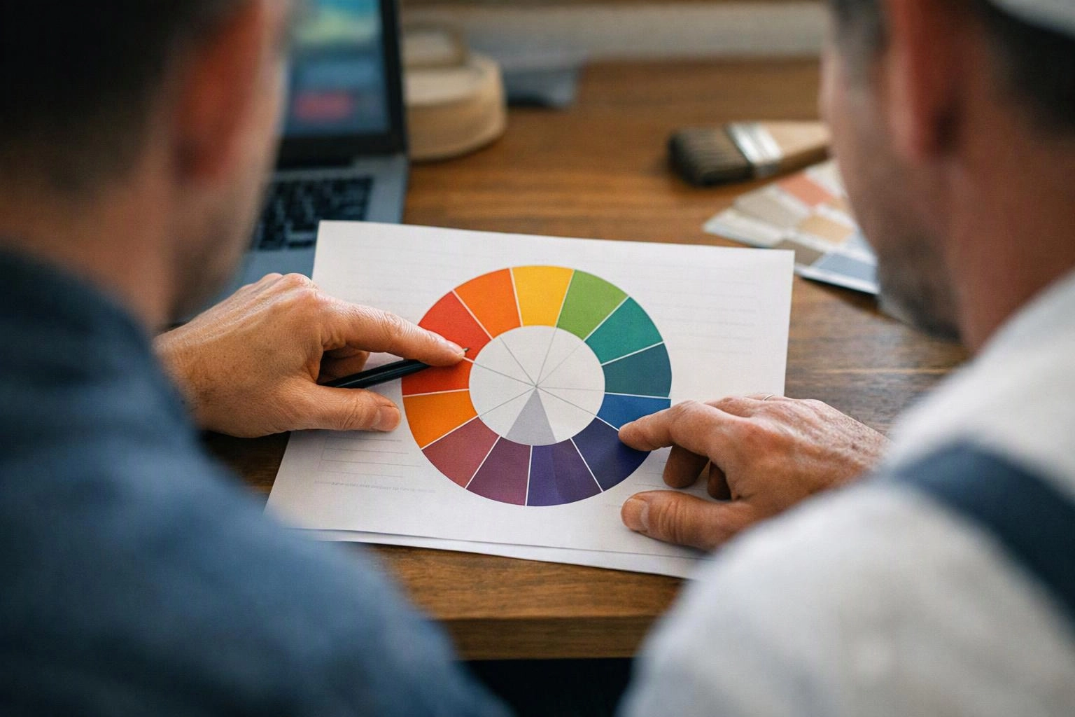 Two people point at a color wheel printed on paper at a wooden desk