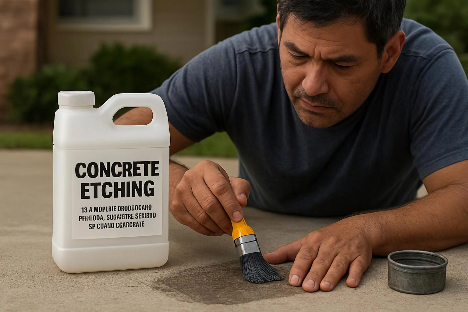 A man brushes liquid onto concrete beside a labeled plastic jug and a small metal container
